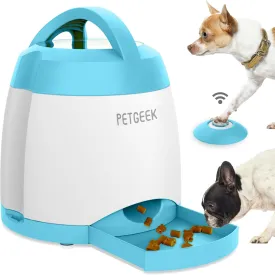 PETGEEK Automatic Dog Treat Dispenser with Button, Dual Power Supply and Remote Control, Dog Puzzle Toys and Interactive Toys for Indoor or Outdoor Play (Blue)