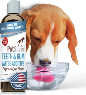 PetSilver Teeth & Gum Water Additive for Dental Care - Dog Breath Freshener - Targets Tartar, Plaque & Eliminates Bad Breath - Cat Oral Care & Dog Teeth Cleaning - No Brushing & Tasteless - 12 fl oz