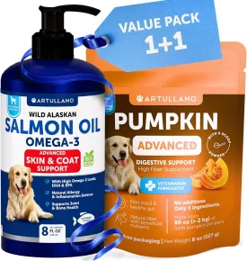 Pumpkin Powder for Dogs   Salmon Oil Bundle - Fiber Supplement for Digestion, Gut Balance & Firm Stool - Omega 3 with EPA & DHA for Skin, Coat, Joint & Allergy Support