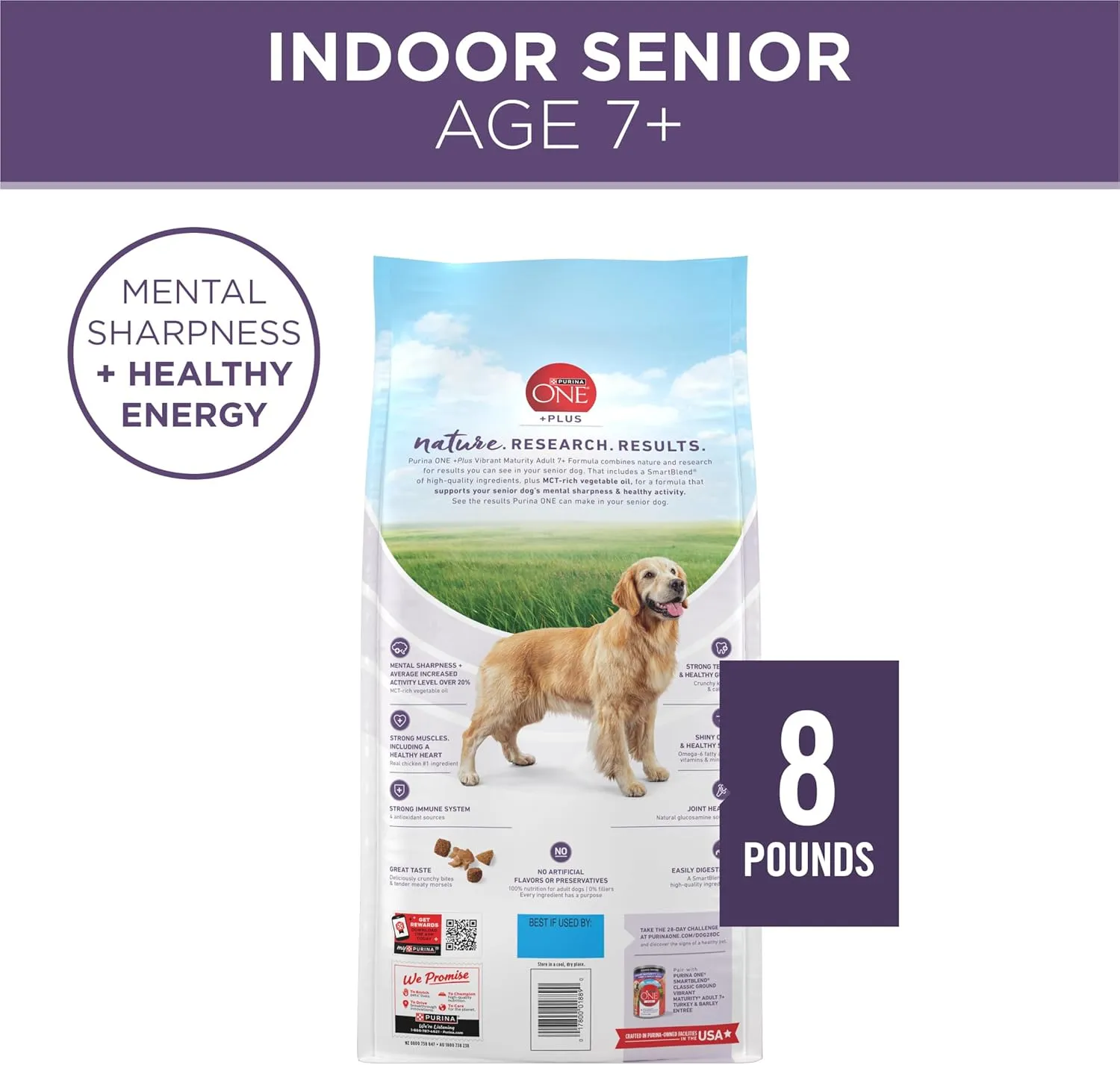 Purina ONE High Protein Dry Senior Dog Food Plus Vibrant Maturity Adult 7 Plus Formula - 8 lb. Bag