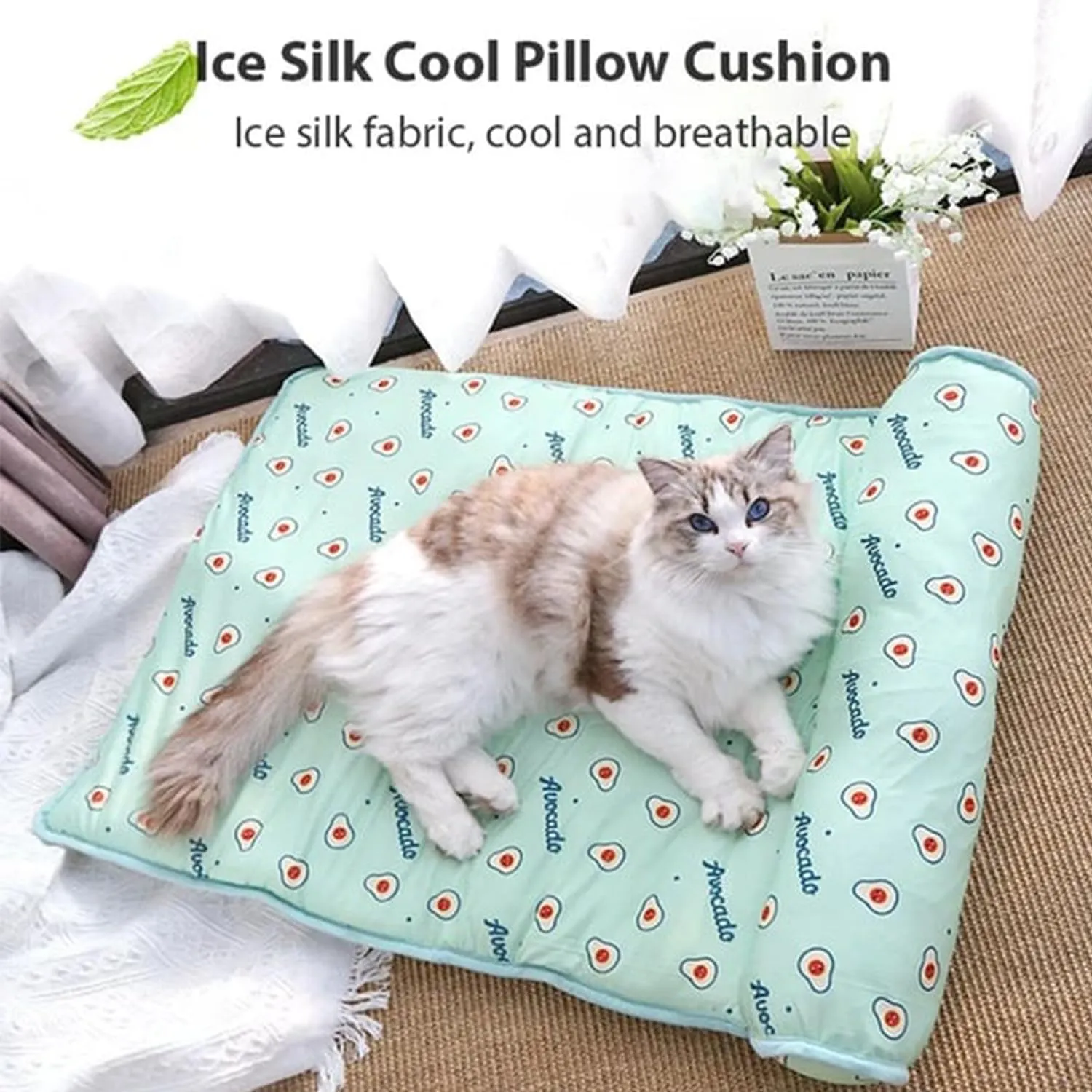RJDJ Cats/Dogs Cooling Bed, Ice Silk Cool Pillow Cushion, Pet Ice Pad Mat, Pet Cooling Ice Mat, Washable Breathable Summer Pet Ice Mat Sleeping Pad with Pillow (Pink, 80 * 60cm)