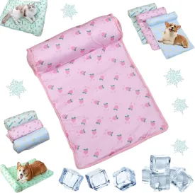 RJDJ Cats/Dogs Cooling Bed, Ice Silk Cool Pillow Cushion, Pet Ice Pad Mat, Pet Cooling Ice Mat, Washable Breathable Summer Pet Ice Mat Sleeping Pad with Pillow (Pink, 80 * 60cm)