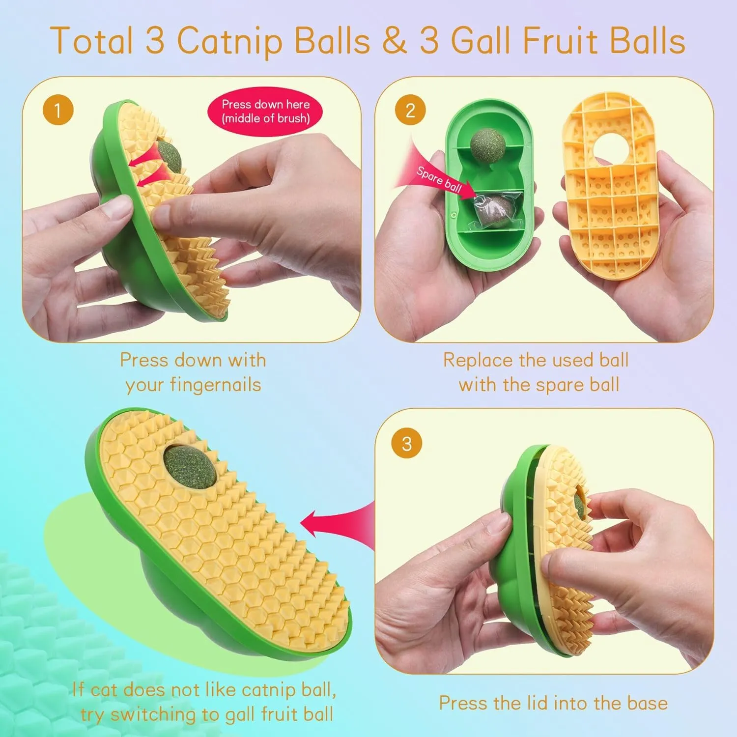 SEVENKA 2 Cat Toys Self-Grooming Cat Brush with 3 Catnip Balls & 3 Gall Fruit, Kitty Kitten Scratcher Self Groomer Catnip Toys for Indoor Cats, Chew Toys Wall Corner Brushes Edible Wall Treats, Yellow