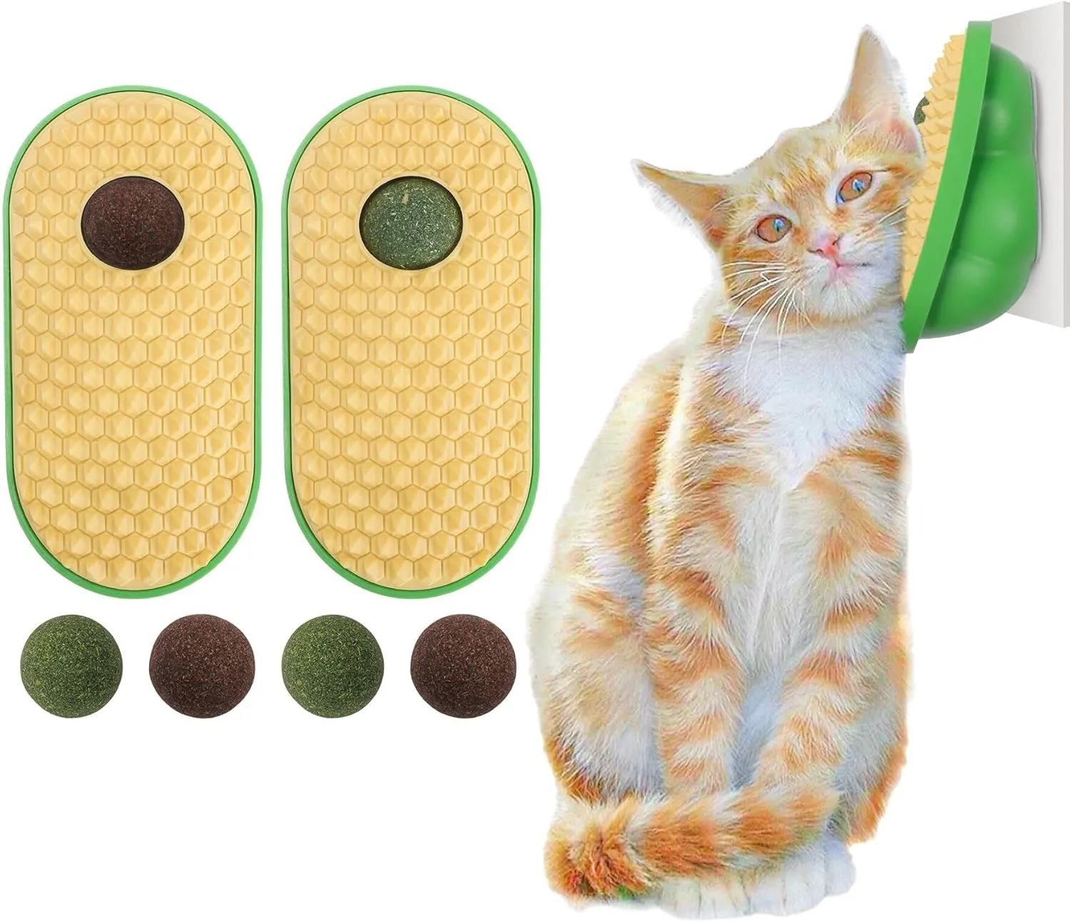 SEVENKA 2 Cat Toys Self-Grooming Cat Brush with 3 Catnip Balls & 3 Gall Fruit, Kitty Kitten Scratcher Self Groomer Catnip Toys for Indoor Cats, Chew Toys Wall Corner Brushes Edible Wall Treats, Yellow