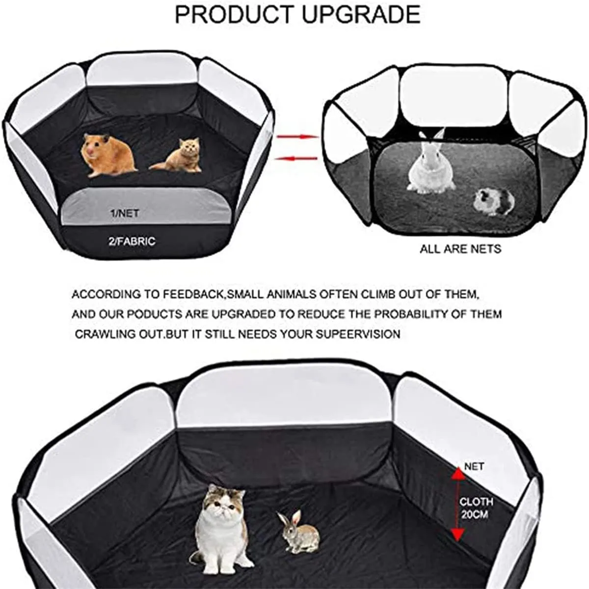 Small Animal Playpen,Portable Small Animal Cage Tent Breathable Pet Playpen Cage Tent Pop-Up Outdoor&Indoor Exercise Fence for Hamster Guinea Pig Rabbit Puppy Hedgehog (Black no Cover)