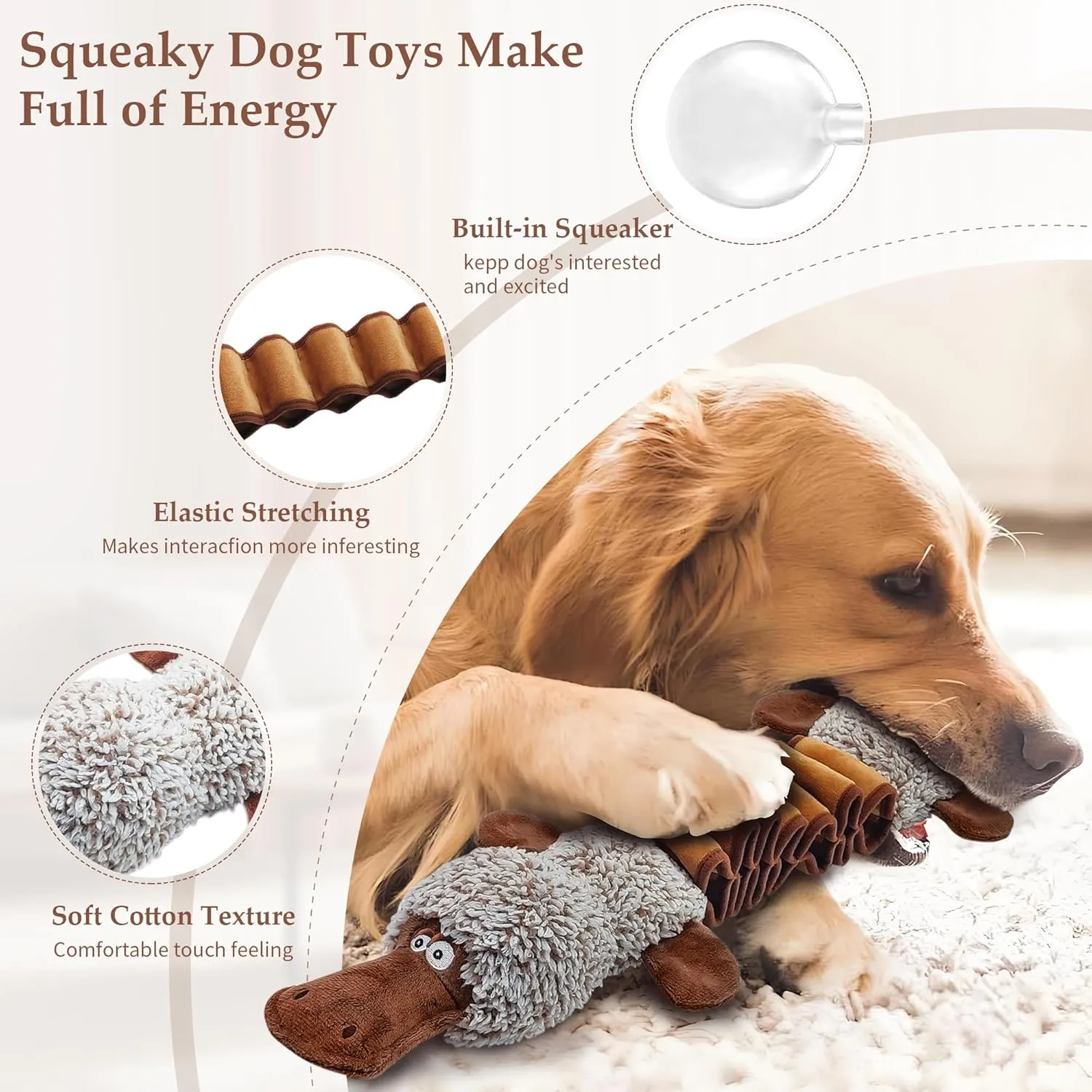 Squeaky Dog Toys, Interactive Tug of War Puppy Toys, Funny Plush Dog Chew Toys, Stuffed Toys for Small,Medium and Large Dogs - Platypus