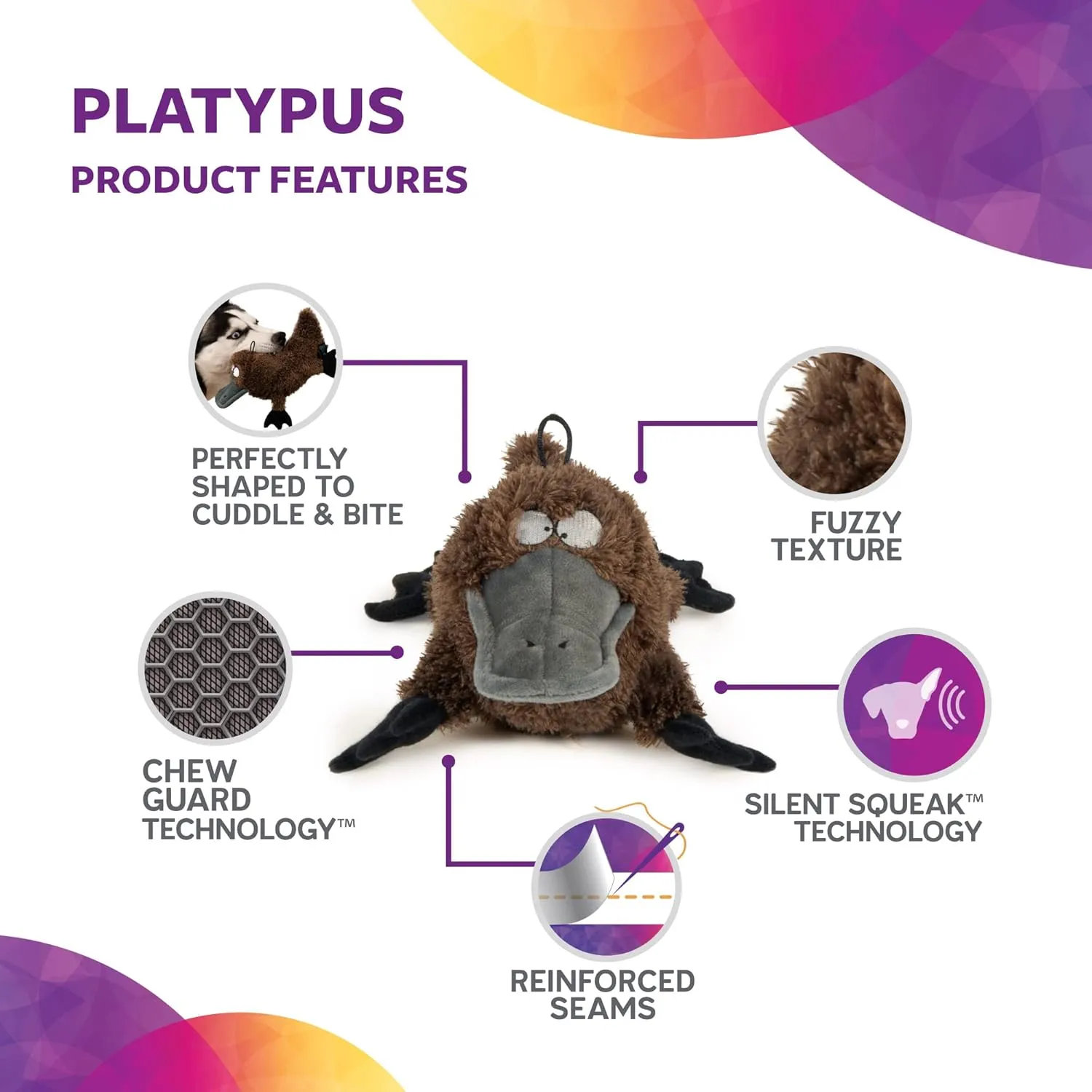 Strong 'N Silent Platypus Silent Squeak Plush Dog Toy, Chew Guard Technology - Brown, Large