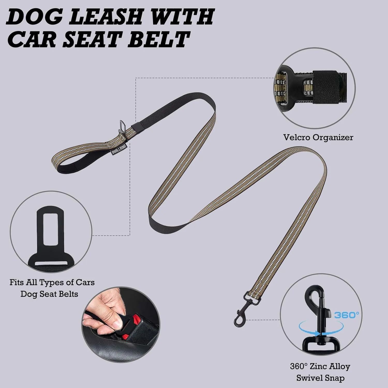 Tactical Dog Harness with Leash for Medium Large Dogs, Dog Car Leash Seat Belt with 5.5Ft No Pull Shock Absorbing, Leash Set with ID Card (Brown, M)