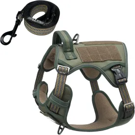 Tactical Dog Harness with Leash for Medium Large Dogs, Dog Car Leash Seat Belt with 5.5Ft No Pull Shock Absorbing, Leash Set with ID Card (Green, L)