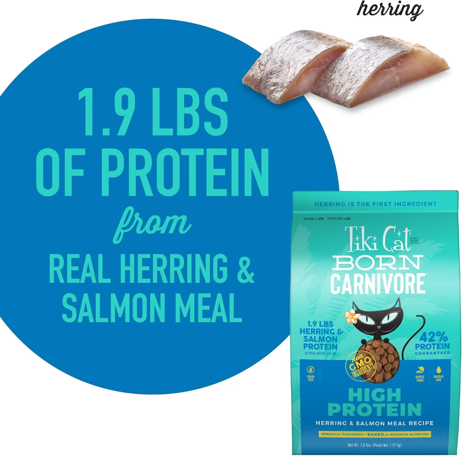 Tiki Cat Born Carnivore High Protein Dry Cat Food, Herring & Salmon Meal, 2.8 lbs. Bag