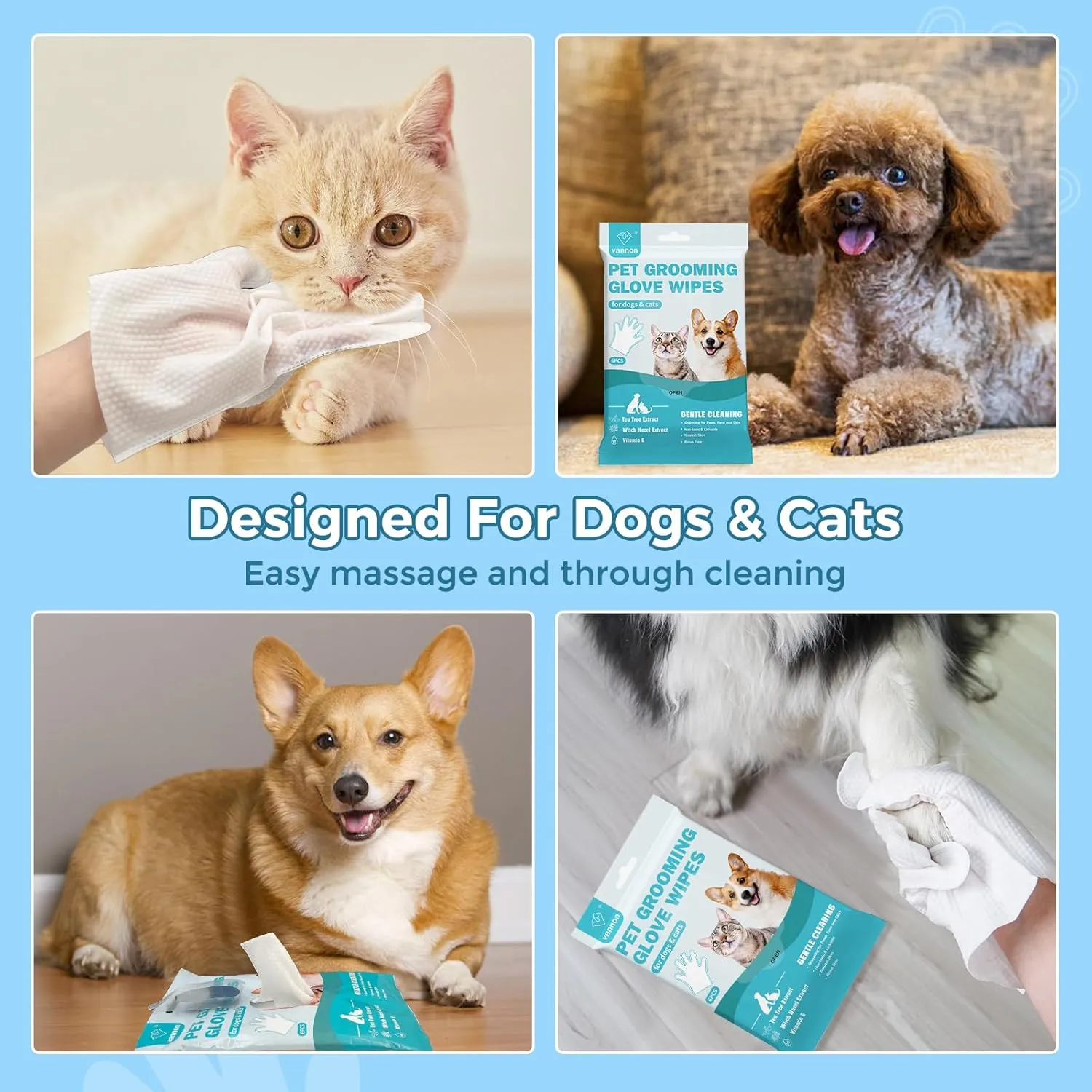 Vannon Extra Thick Pet Bathing Wipes for Dogs & Cats, Cleaning & Odor-Controlling Grooming Gloves, Nourish Fur Glove Wipes for Daily Care and Traveling, Rinse Free, Unscented, 4 Pack, 24 PCS