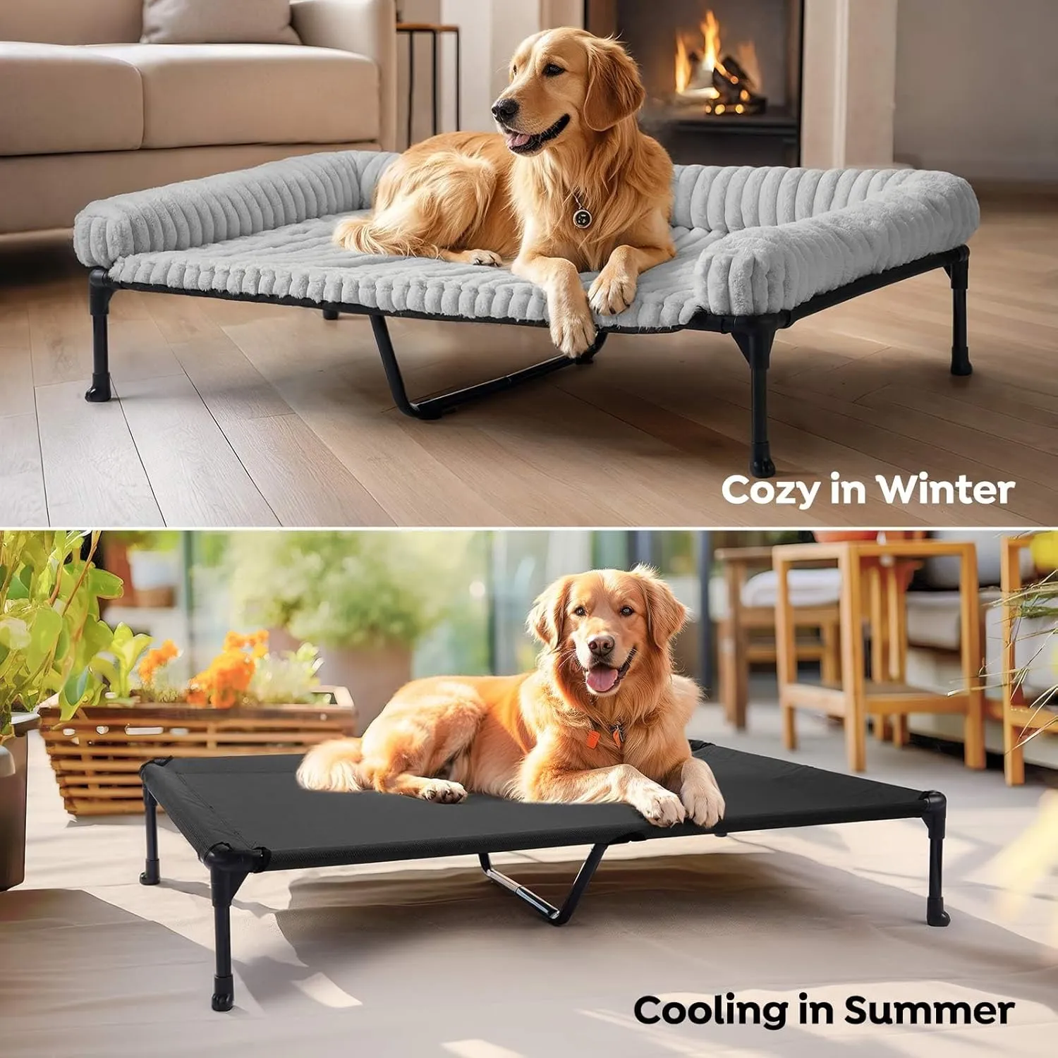 Veehoo Cooling Elevated Dog Bed Add Removable Fluffy Plush Pillow Cushion, 47" x 29" Washable Dog Couch Bed, Raised Pet Cot with Breathable Teslin Mesh, No-Slip Feet, Grey, CWC2439C