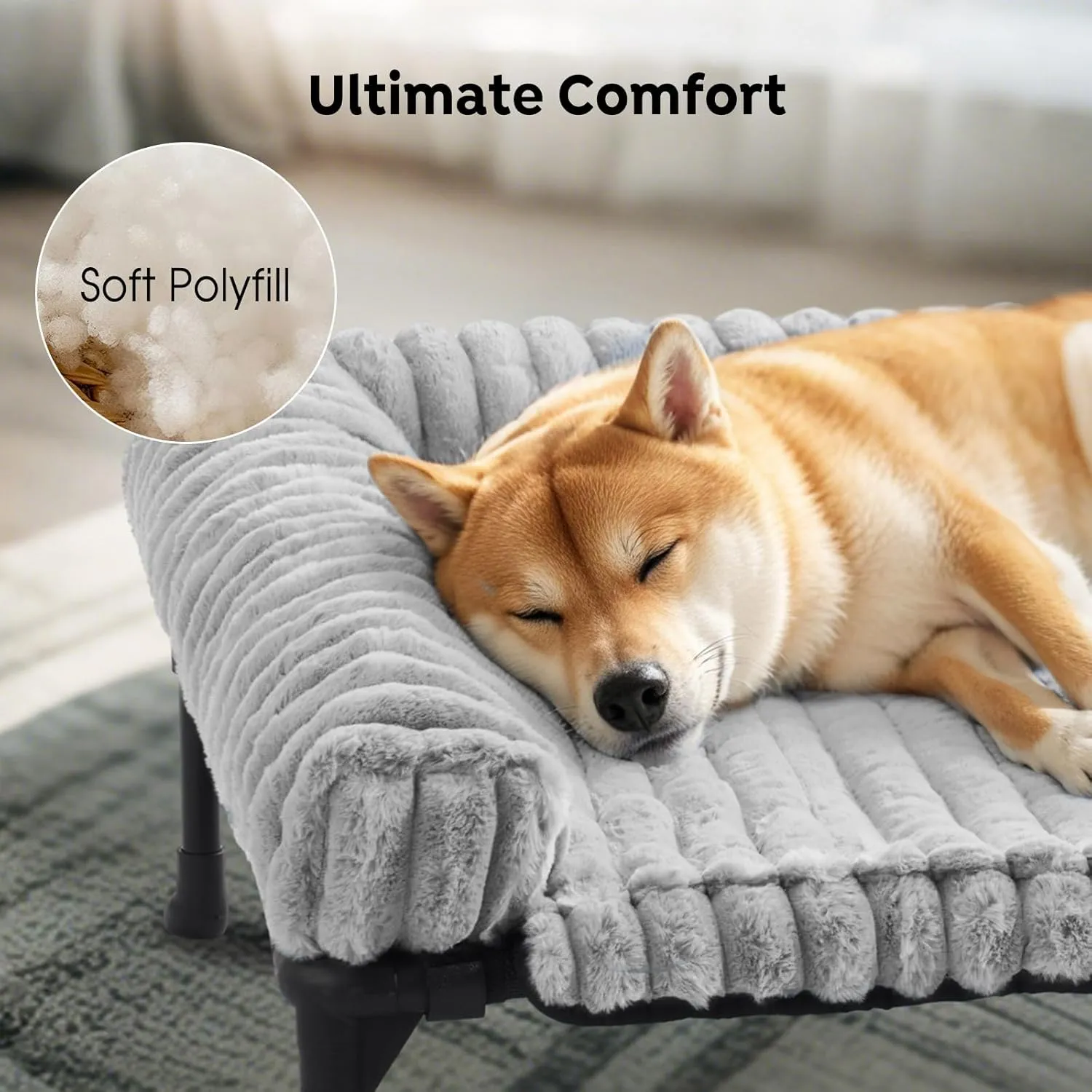 Veehoo Cooling Elevated Dog Bed Add Removable Fluffy Plush Pillow Cushion, 47" x 29" Washable Dog Couch Bed, Raised Pet Cot with Breathable Teslin Mesh, No-Slip Feet, Grey, CWC2439C