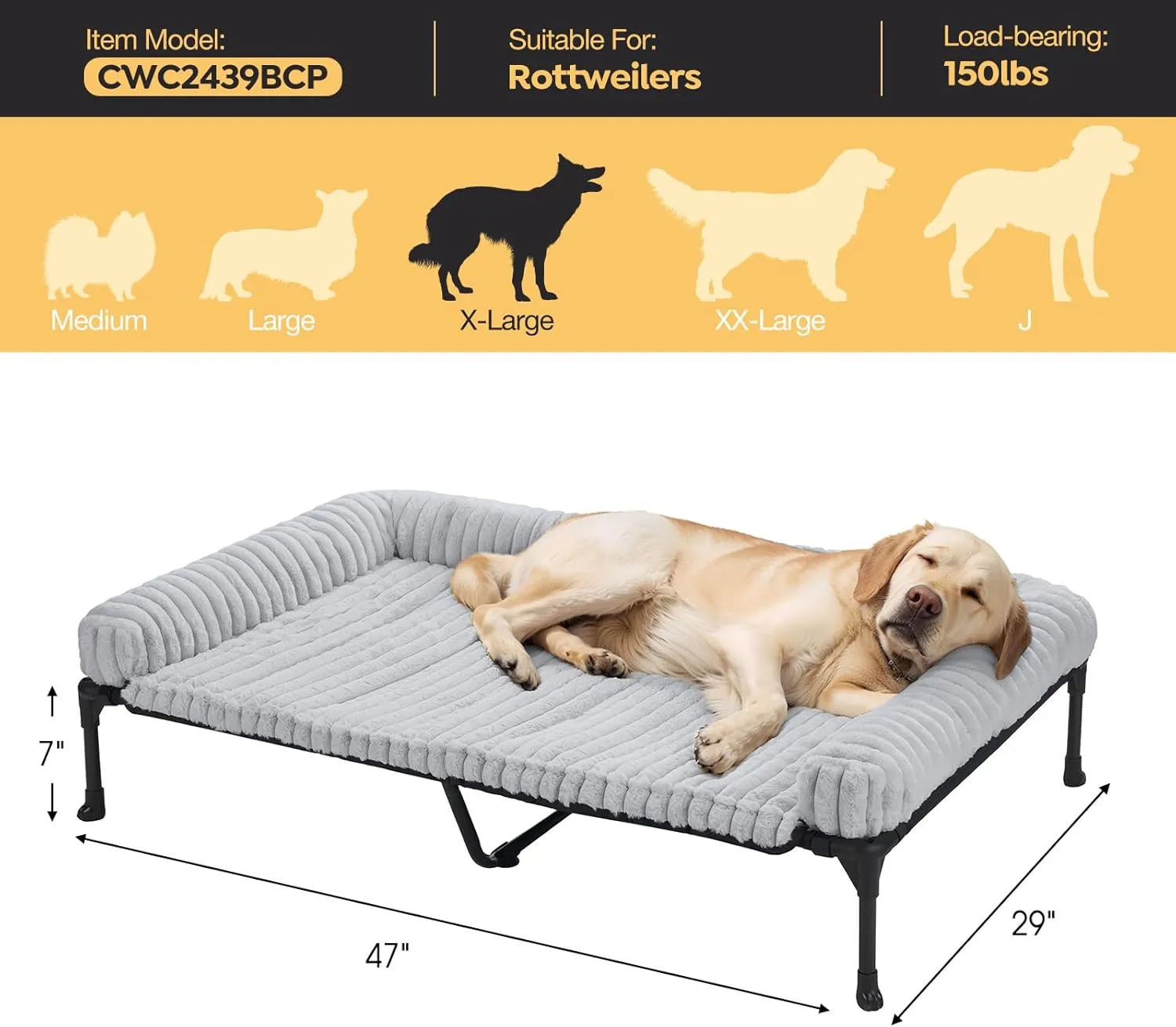 Veehoo Cooling Elevated Dog Bed Add Removable Fluffy Plush Pillow Cushion, 47" x 29" Washable Dog Couch Bed, Raised Pet Cot with Breathable Teslin Mesh, No-Slip Feet, Grey, CWC2439C