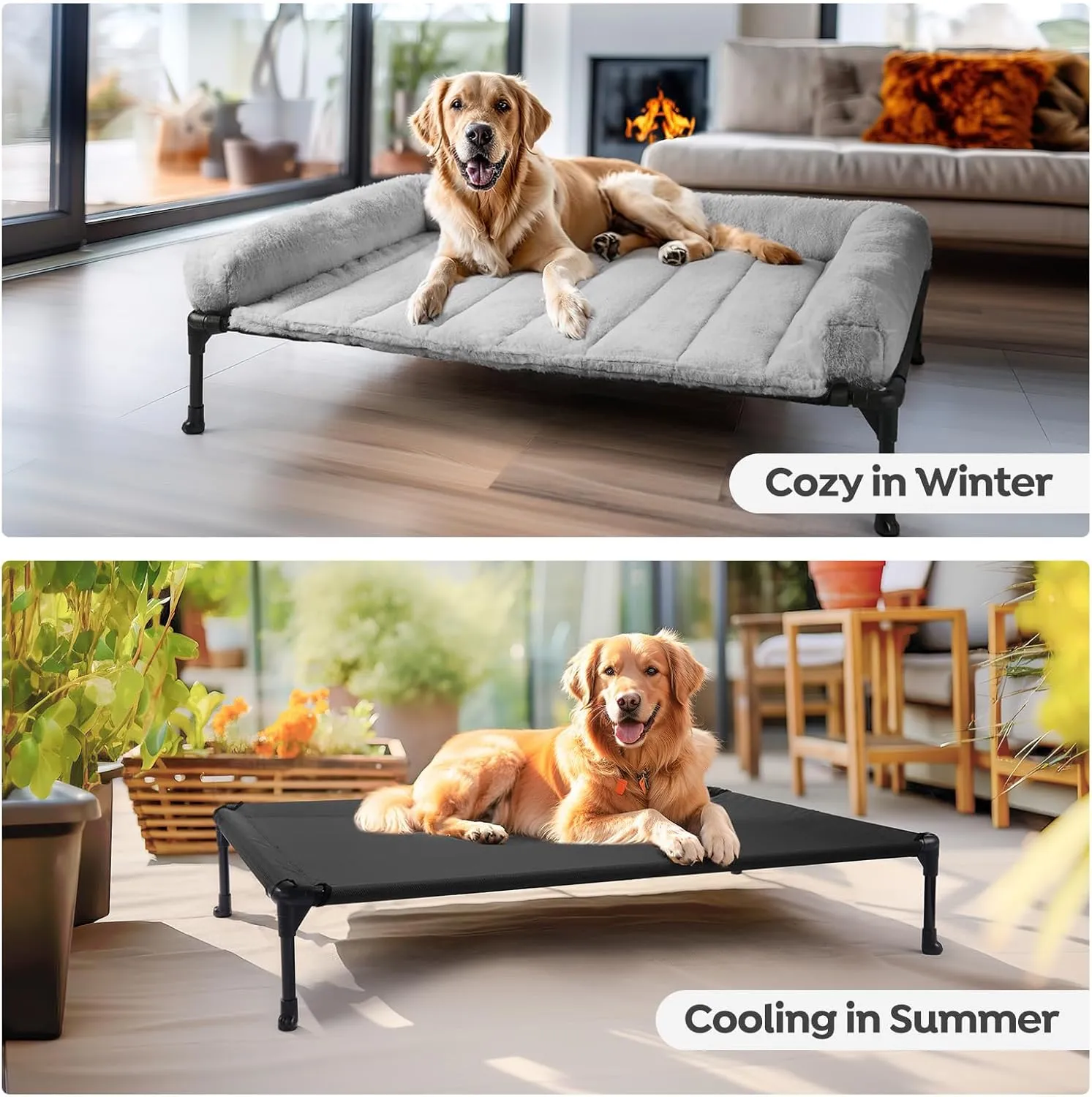 Veehoo Cooling Elevated Dog Bed   Removable Fluffy Plush Pillow Cushion, Raised Dog Bed with Washable Bolster Mat, Breathable Teslin Mesh, No-Slip Feet, 42" x 30" Dog Couch Bed, Grey, CWC2331E