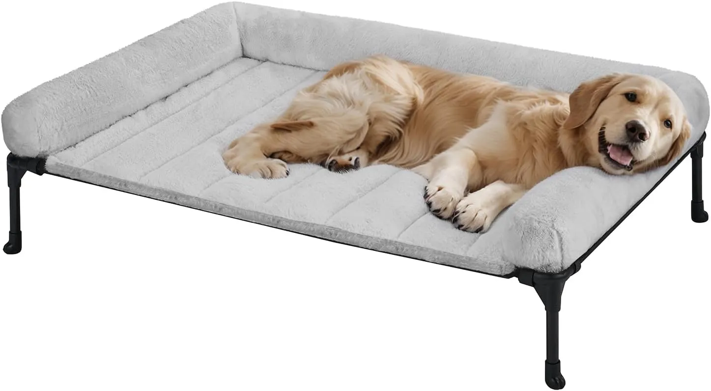 Veehoo Cooling Elevated Dog Bed   Removable Fluffy Plush Pillow Cushion, Raised Dog Bed with Washable Bolster Mat, Breathable Teslin Mesh, No-Slip Feet, 42" x 30" Dog Couch Bed, Grey, CWC2331E