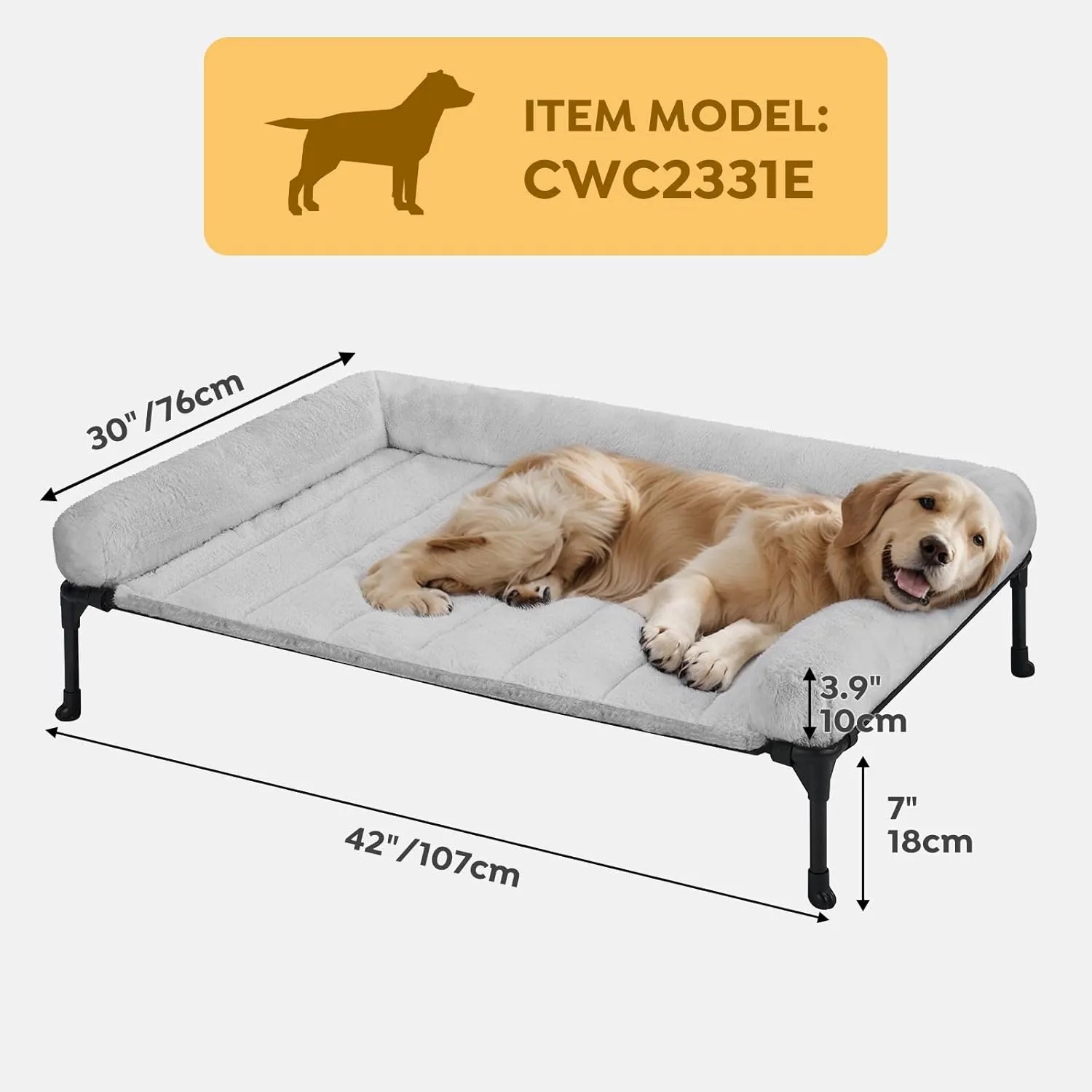 Veehoo Cooling Elevated Dog Bed   Removable Fluffy Plush Pillow Cushion, Raised Dog Bed with Washable Bolster Mat, Breathable Teslin Mesh, No-Slip Feet, 42" x 30" Dog Couch Bed, Grey, CWC2331E
