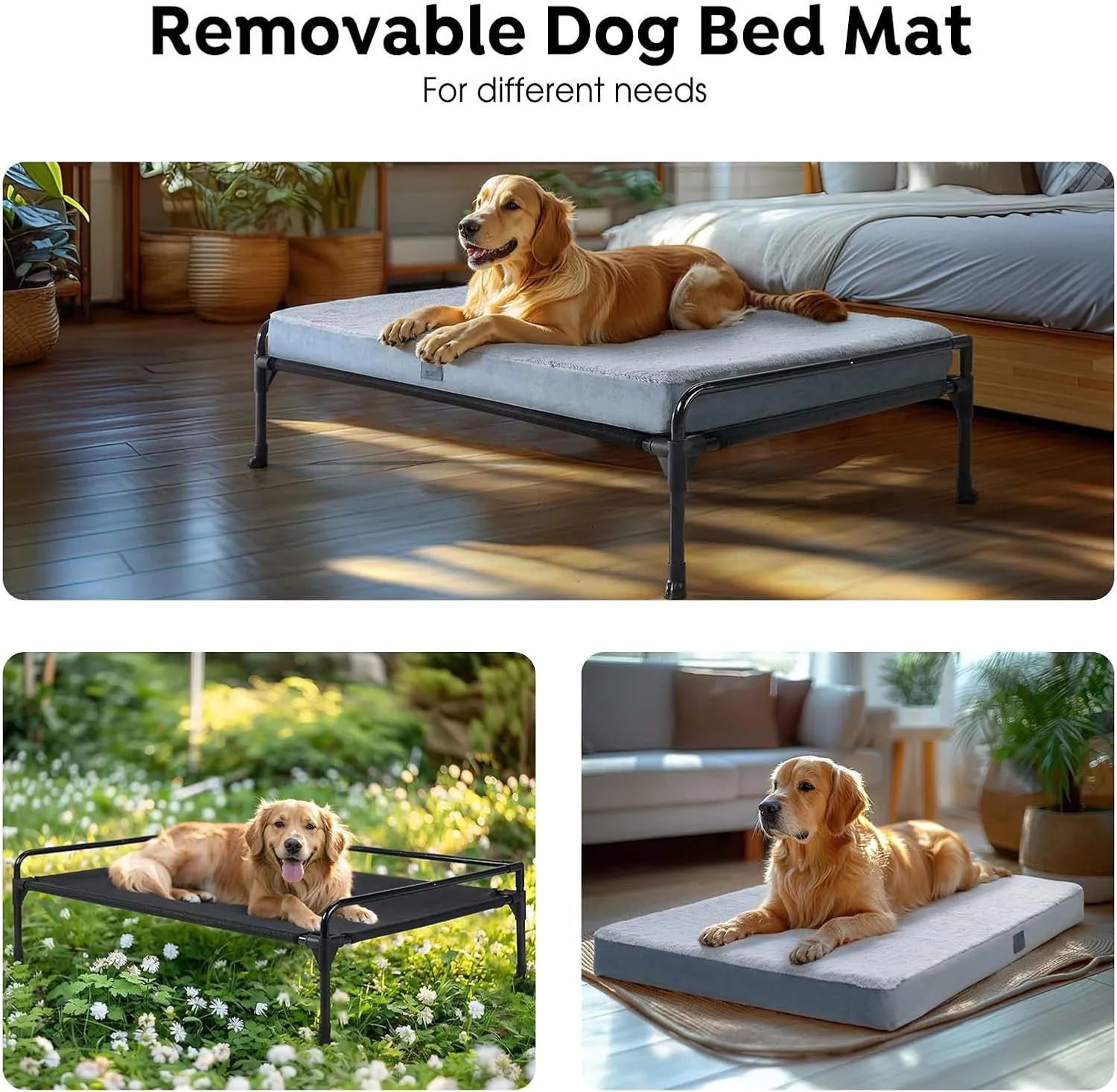 Veehoo Elevated Raised Dog Bed Removable Dog Cot Mat-Cooling Outdoor Large Pet Bed Three-Sided Guardrail Raised Pet Cot Hammock Bed with Bolster-35 x 22" Black
