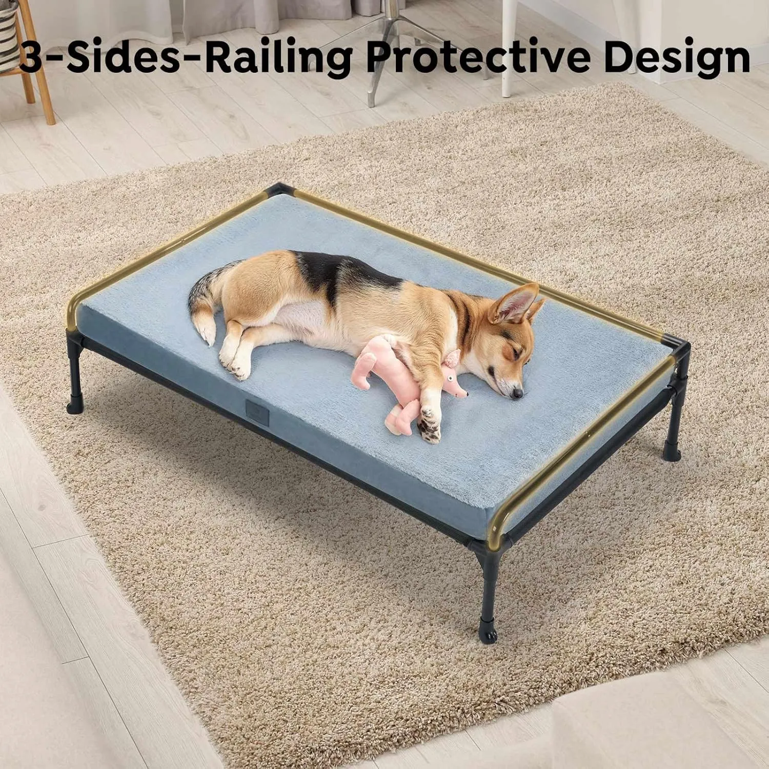 Veehoo Elevated Raised Dog Bed Removable Dog Cot Mat-Cooling Outdoor Large Pet Bed Three-Sided Guardrail Raised Pet Cot Hammock Bed with Bolster-35 x 22" Black