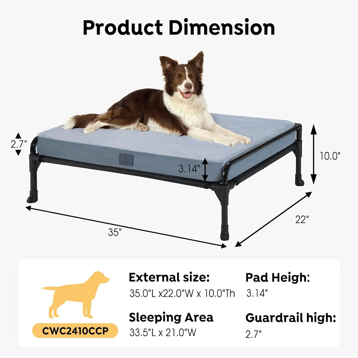 Veehoo Elevated Raised Dog Bed Removable Dog Cot Mat-Cooling Outdoor Large Pet Bed Three-Sided Guardrail Raised Pet Cot Hammock Bed with Bolster-35 x 22" Black