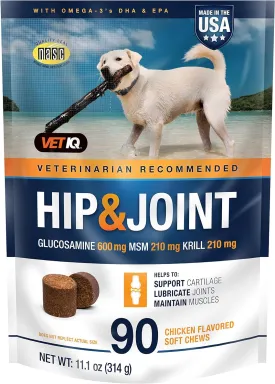 VetIQ Hip & Joint Supplement for Dogs, Anti Inflammatory Joint Support, Glucosamine, MSM, and Krill, Chicken Flavored Soft Chews, 90 Count