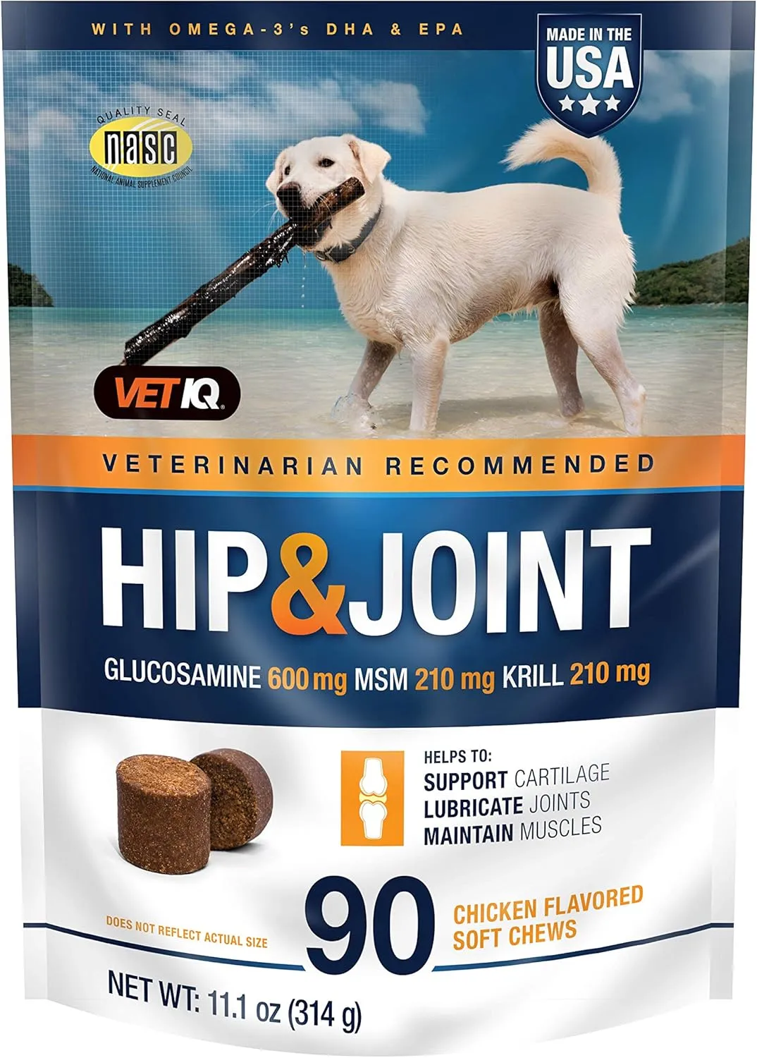 VetIQ Hip & Joint Supplement for Dogs, Anti Inflammatory Joint Support, Glucosamine, MSM, and Krill, Chicken Flavored Soft Chews, 90 Count