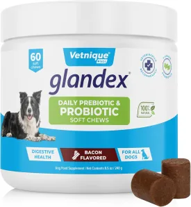 Vetnique Glandex Daily Probiotics for Dogs with Digestive Enzymes and Prebiotics for Optimal Gut Health & Immune Support with Fiber, Bacon Flavor Soft Chews, 60 Dog Probiotic Chews