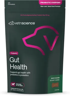 VetriScience Gut Health Chews, Probiotic Everyday Digestive Supplement for Dogs, Digestion Support, Gas & Diarrhea, Immune Support, 1 Billion CFU Per Chew, Duck, 120 Count