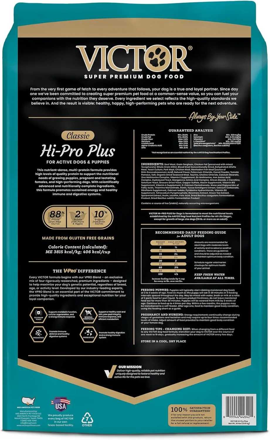 VICTOR Super Premium Dog Food  Hi-Pro Plus Dry Kibble  High Protein Dog Food with 30% Protein  Beef, Chicken, Pork, Fish Meals, Gluten Free - for High Energy and Active Dogs & Puppies, 30lbs