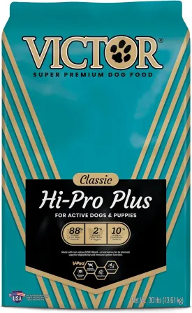 VICTOR Super Premium Dog Food  Hi-Pro Plus Dry Kibble  High Protein Dog Food with 30% Protein  Beef, Chicken, Pork, Fish Meals, Gluten Free - for High Energy and Active Dogs & Puppies, 30lbs
