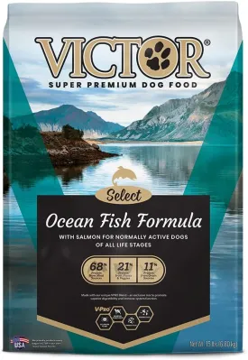 VICTOR Super Premium Dog Food  Select Ocean Fish Formula with Salmon  Omega-3 and Omega-6 Enriched Gluten-Free Dry Kibble for All Normally Active Dogs of All Life Stages, 15lbs