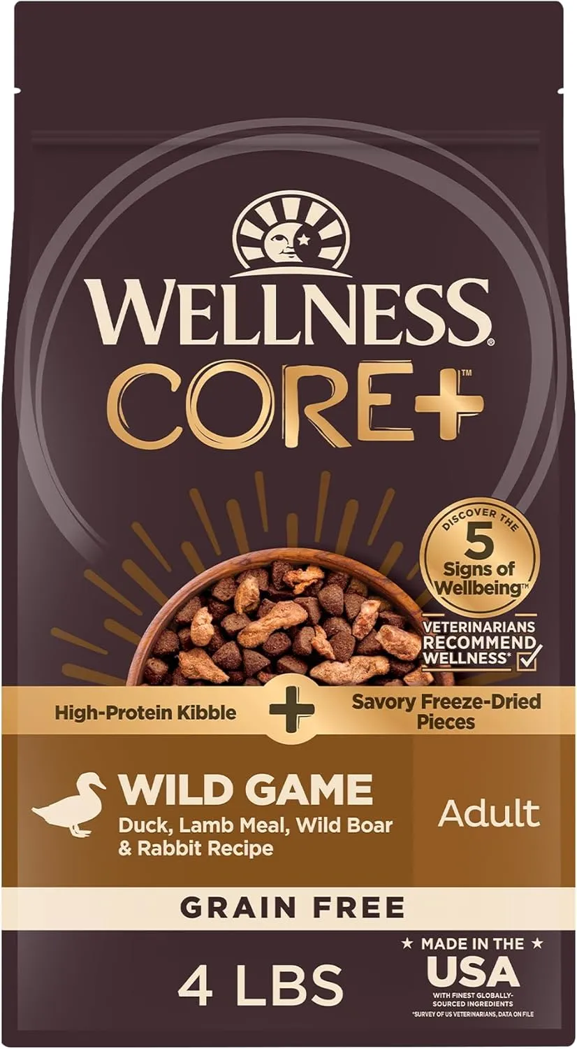 Wellness CORE  (Formerly RawRev) Dry Dog Food with Freeze Dried Pieces, Grain Free, High Protein, Natural, Wild Game Duck, Lamb, Wild Boar, & Rabbit Recipe, (4-Pound Bag)