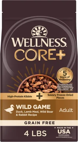 Wellness CORE  (Formerly RawRev) Dry Dog Food with Freeze Dried Pieces, Grain Free, High Protein, Natural, Wild Game Duck, Lamb, Wild Boar, & Rabbit Recipe, (4-Pound Bag)