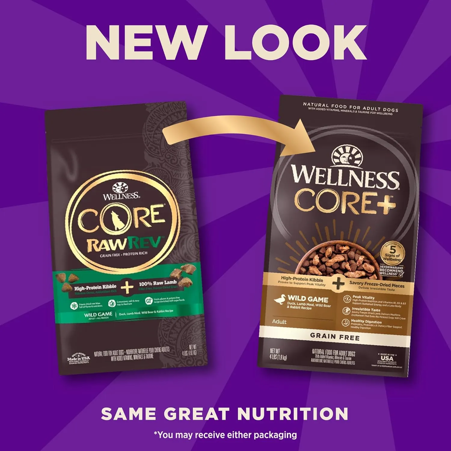 Wellness CORE  (Formerly RawRev) Dry Dog Food with Freeze Dried Pieces, Grain Free, High Protein, Natural, Wild Game Duck, Lamb, Wild Boar, & Rabbit Recipe, (4-Pound Bag)