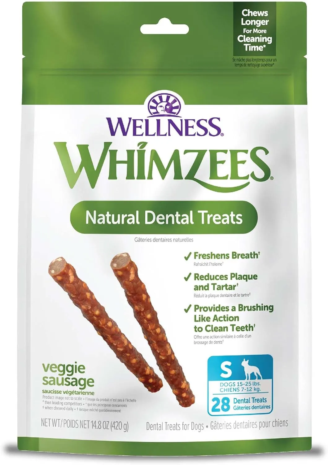 Wellness WHIMZEES Veggie Sausage Dog Dental Treats, Natural Chews, Small Size Stick, (28 Count)