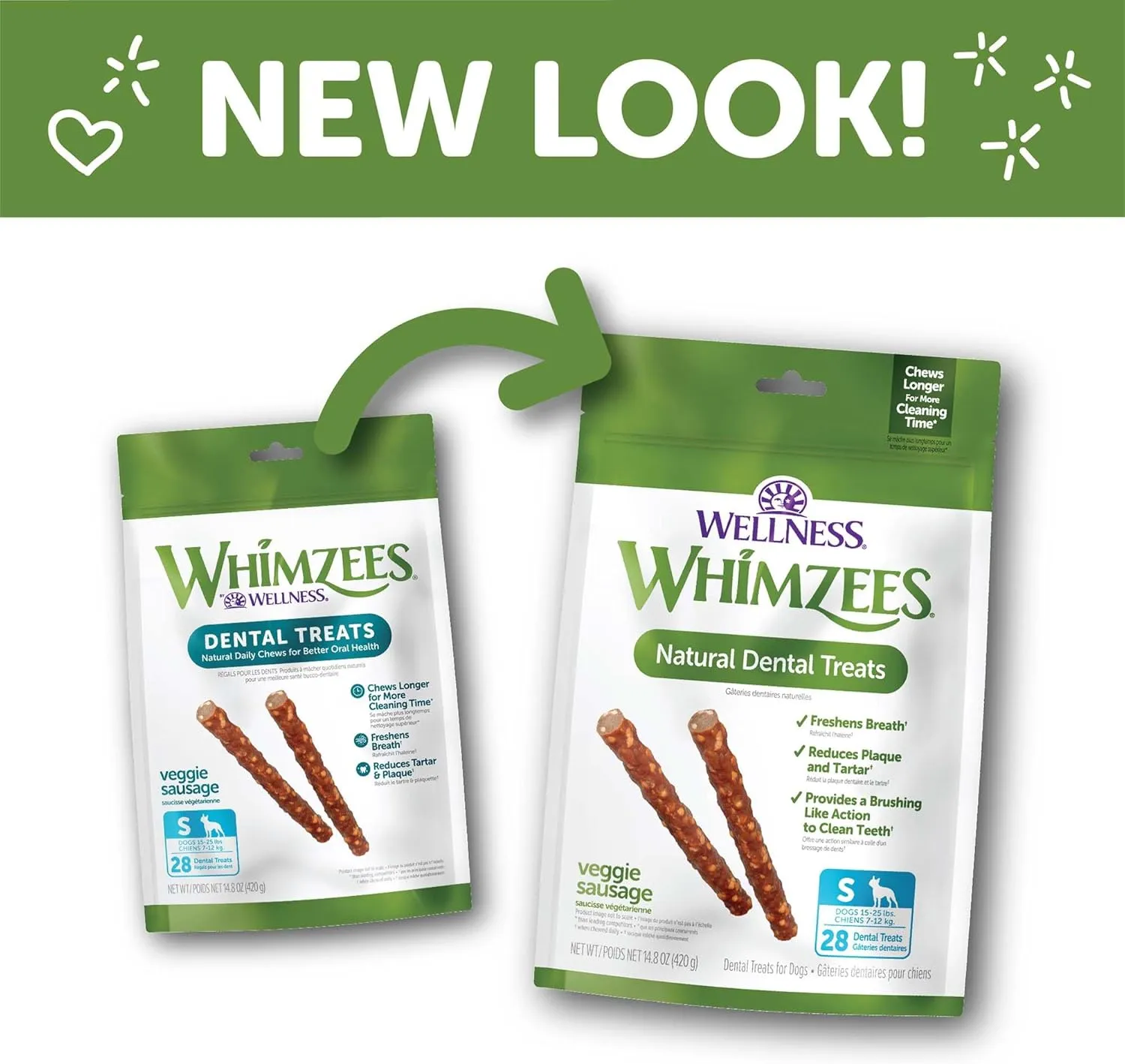 Wellness WHIMZEES Veggie Sausage Dog Dental Treats, Natural Chews, Small Size Stick, (28 Count)