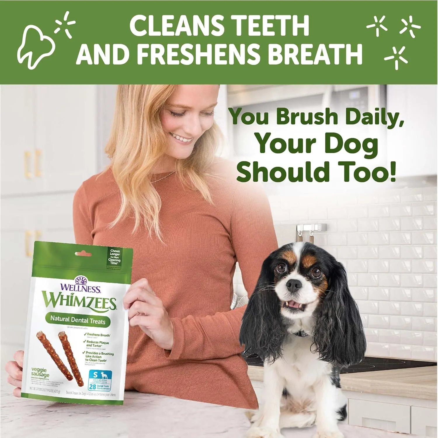 Wellness WHIMZEES Veggie Sausage Dog Dental Treats, Natural Chews, Small Size Stick, (28 Count)