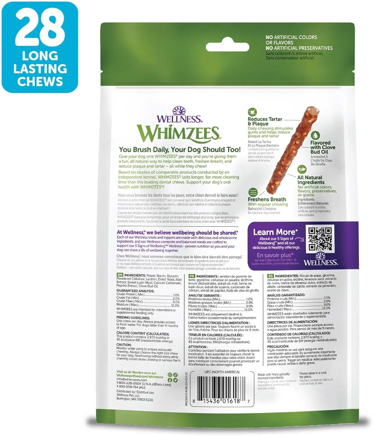 Wellness WHIMZEES Veggie Sausage Dog Dental Treats, Natural Chews, Small Size Stick, (28 Count)