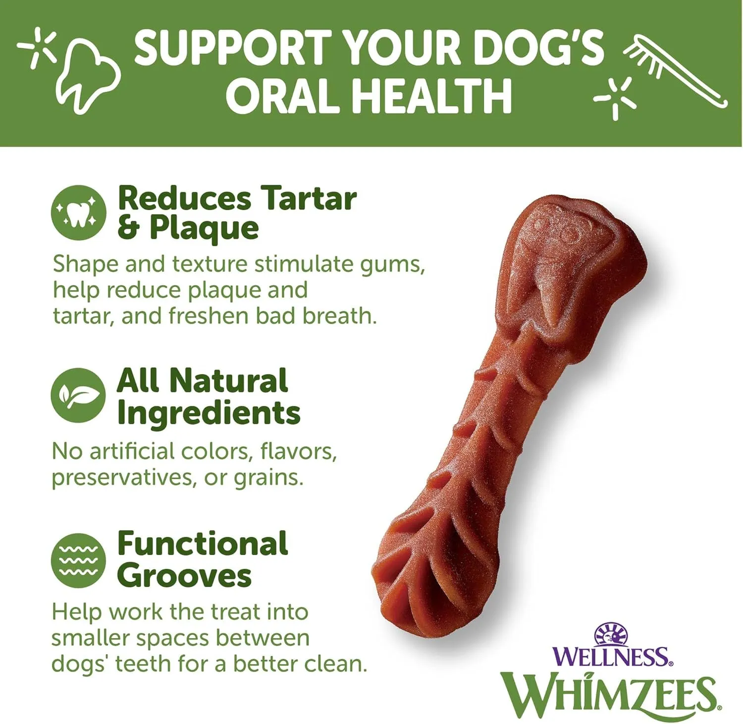 Whimzees Wellness Brushzees Dog Dental Treats, Natural Chews, Small Size Stick, (24 Count)