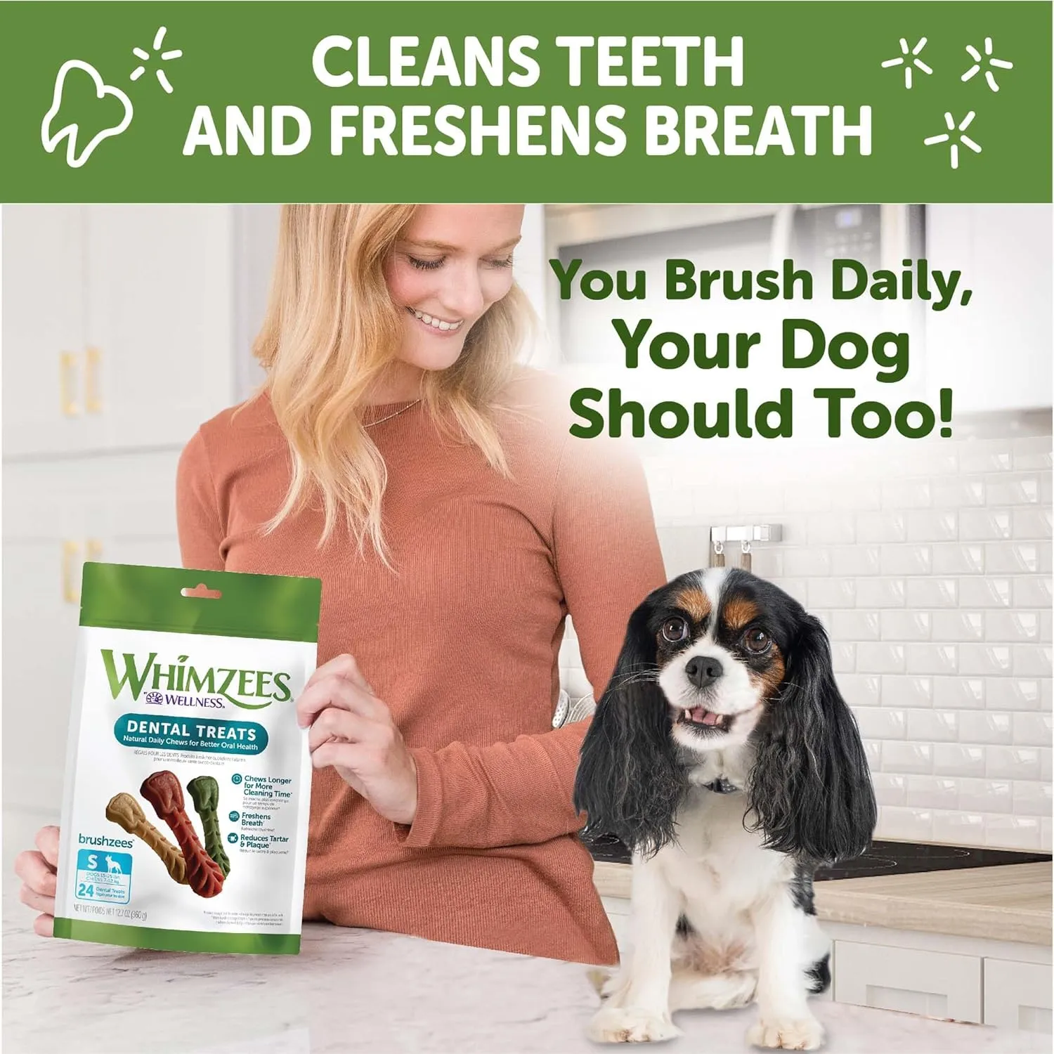 Whimzees Wellness Brushzees Dog Dental Treats, Natural Chews, Small Size Stick, (24 Count)
