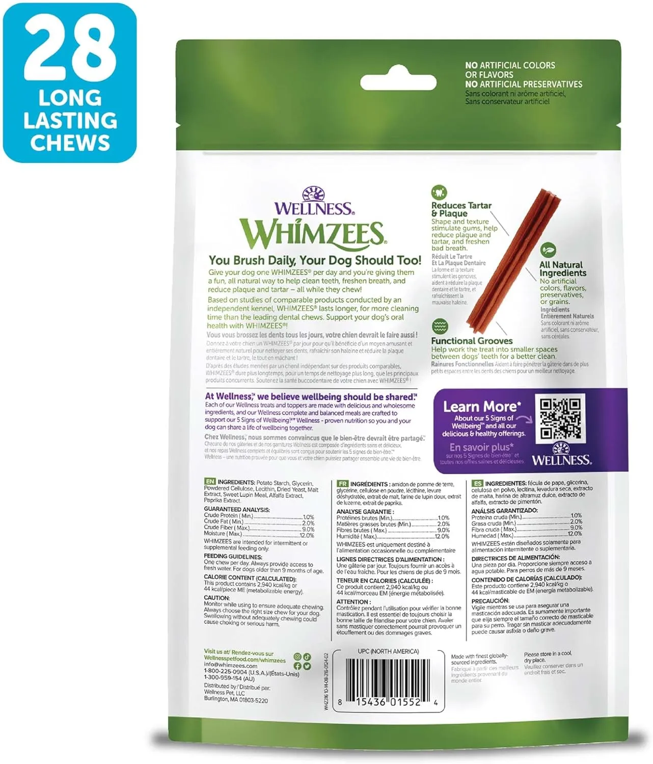 Whimzees Wellness Stix Dog Dental Treats, Natural Chews, Small Size Stick, (28 Count)