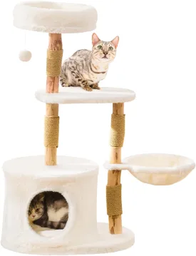 YOCAN Modern Solid Hardwood Cat Tree Tower for Indoor Cats - Mid-Size Wooden Cat Furniture with Scratching Posts, Cozy Condo & Stable Base, Aesthetic Climbing Structure for Small & Medium Cats